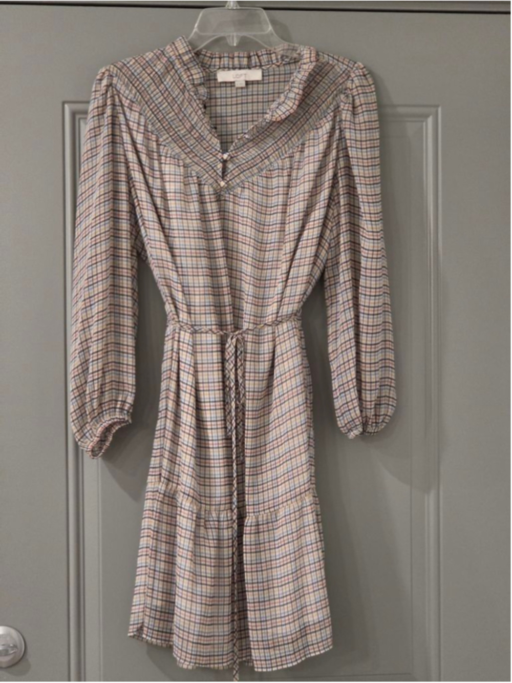 Women's LOFT Plaid Long Sleeve Dress M Beige Brown